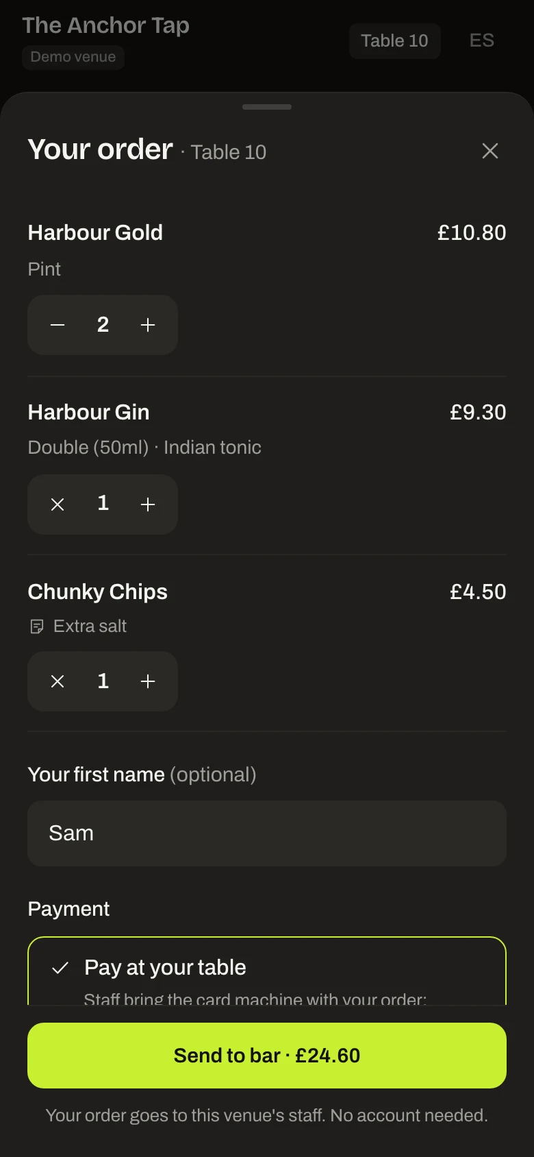 Basket on a phone with two pints, a double gin and tonic and chips, a first name, Pay at your table and a Send to bar button