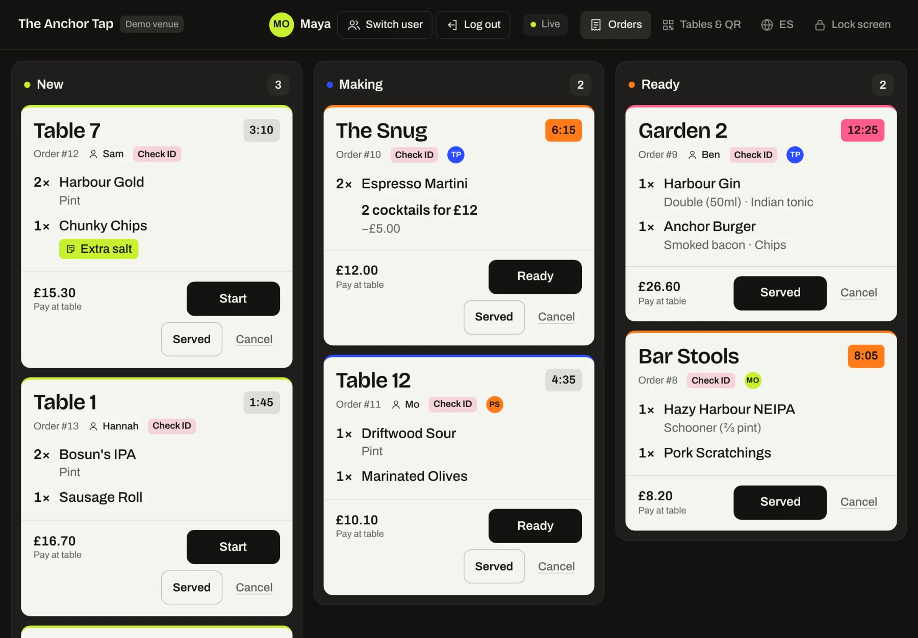 Bar screen on a tablet with order tickets in New, Making and Ready lanes, table names, timers and staff initials