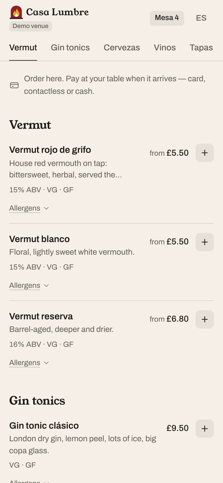 Customer menu of the demo tapas bar Casa Lumbre in its own cream, gold and red colours with its logo