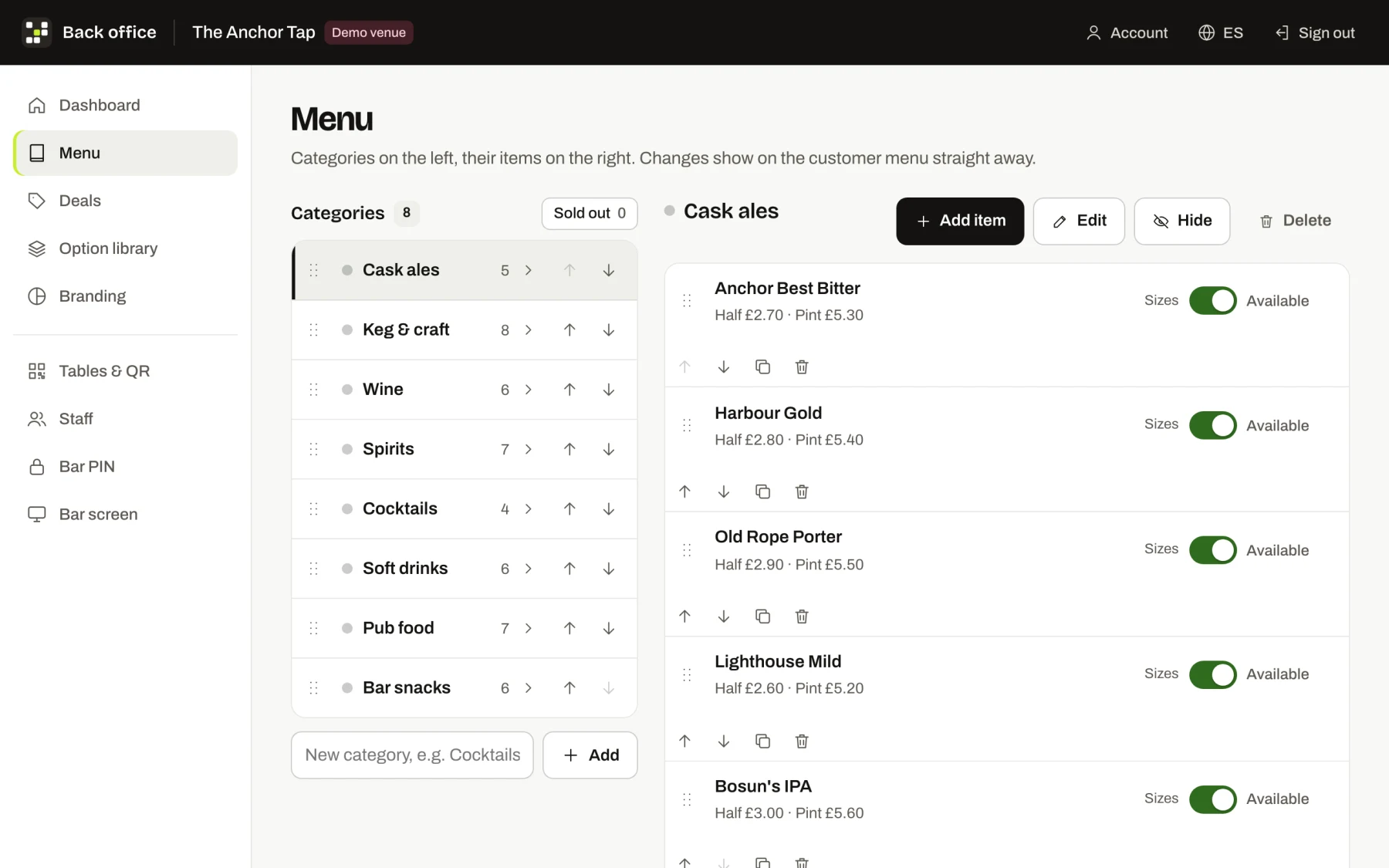 Back office menu editor with categories on the left and cask ales with half and pint prices on the right