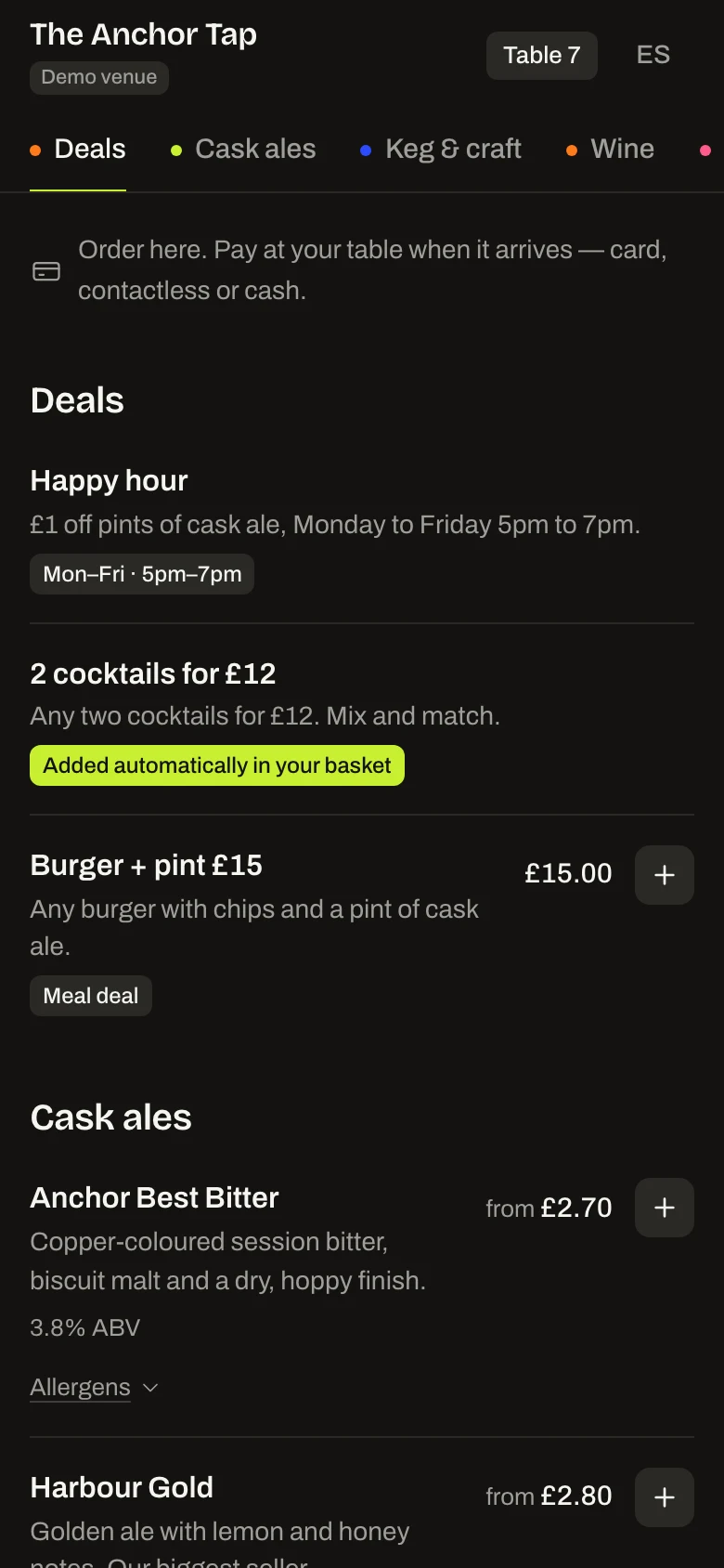 Customer menu on a phone at Table 7 of the demo pub, showing deals and cask ales with prices