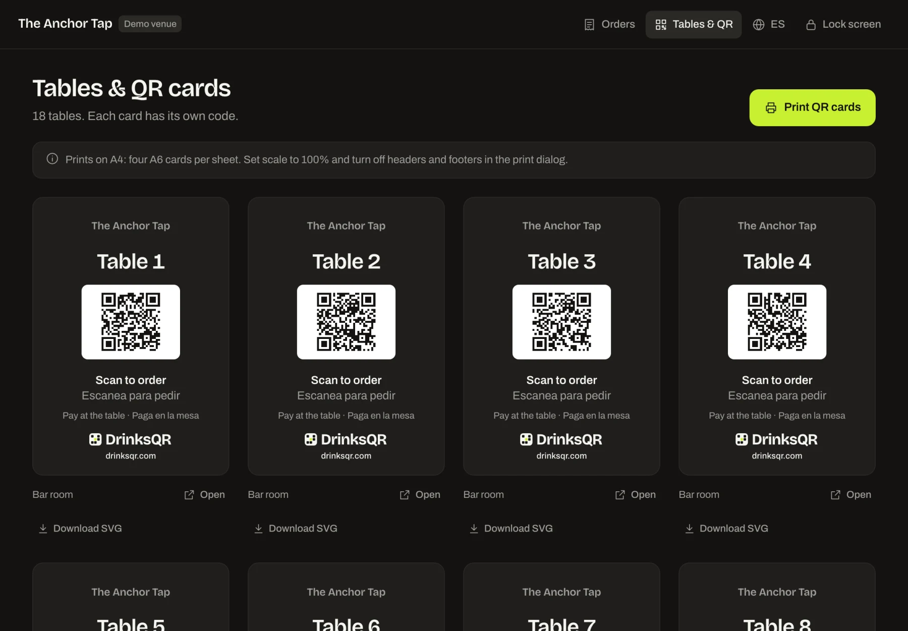 Tables and QR cards page with printable cards for each table, each showing the table name, a QR code and DrinksQR