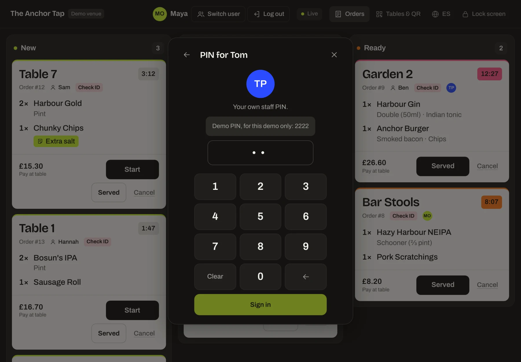Bar screen with the staff sign-in pad open: a staff member's initials, the PIN field and number keys