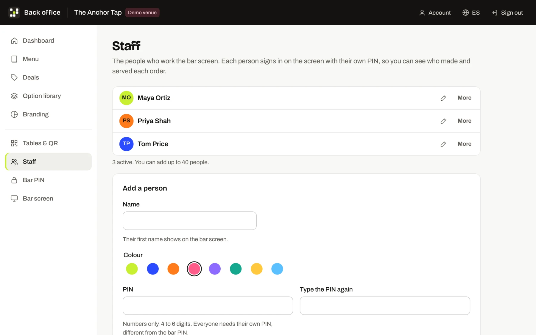 Back office staff page listing three bar staff with coloured initials and a form to add a person with a PIN