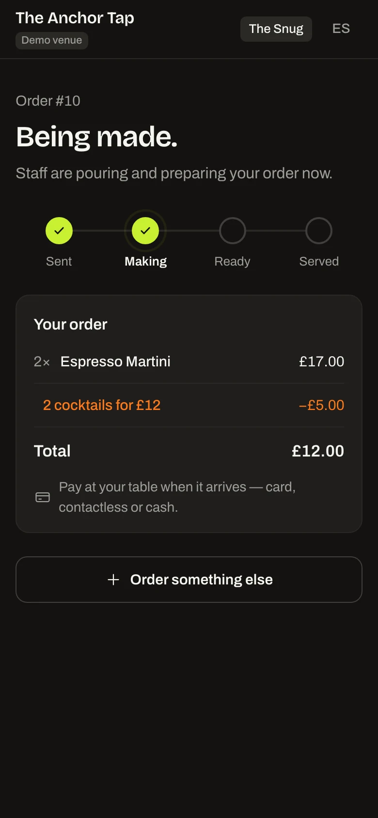 Order status page on a phone showing an order being made, with the items, a cocktail deal and the total
