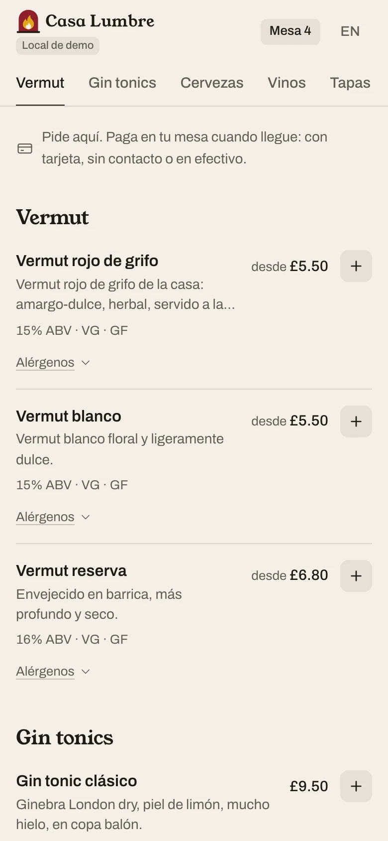 Carta del bar de tapas de demo Casa Lumbre con sus propios colores crema, dorado y granate y su logo