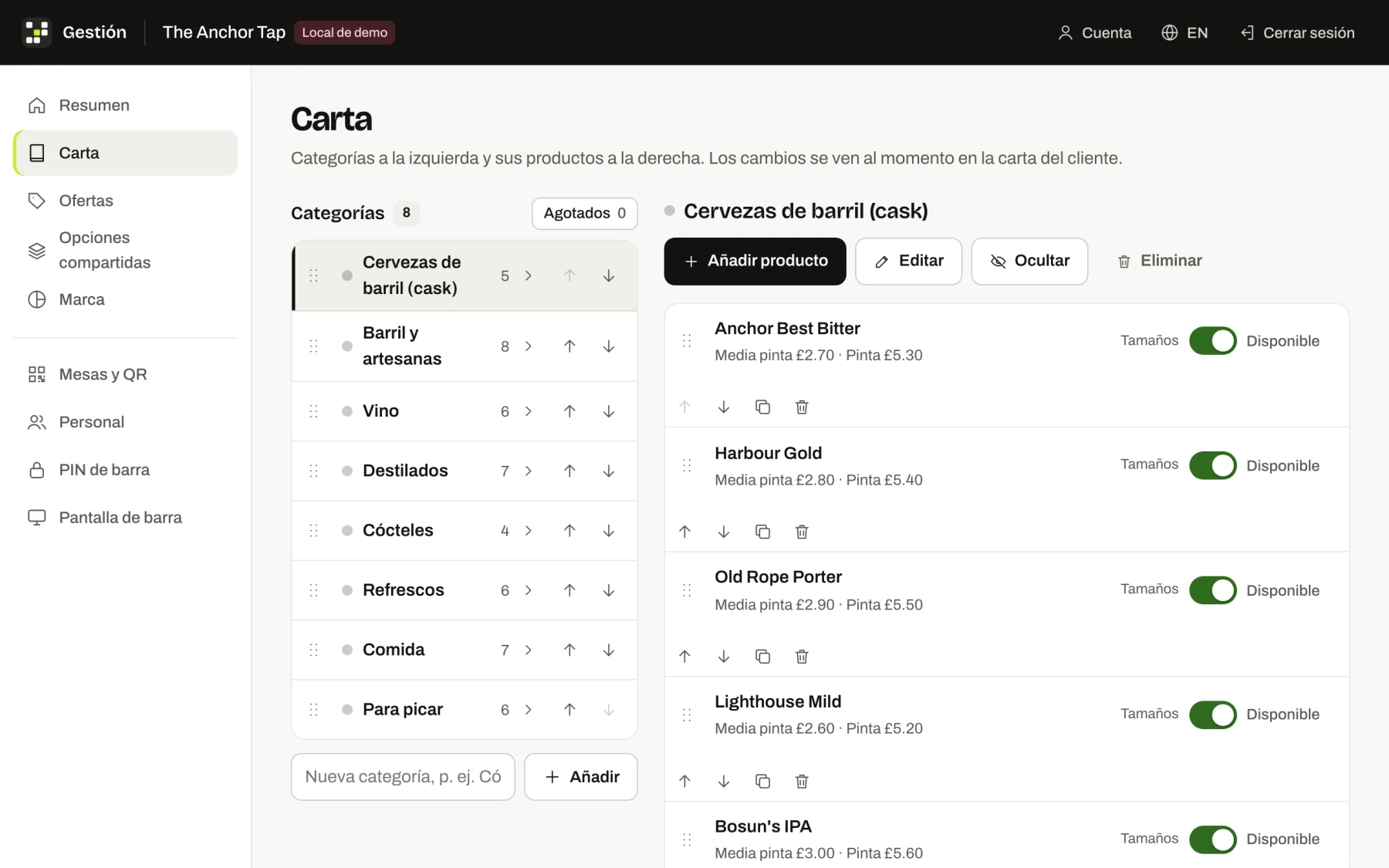 Editor de la carta del área de gestión con las categorías a la izquierda y las cervezas cask con precios de media pinta y pinta a la derecha