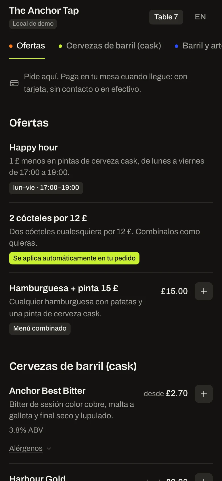 Carta del cliente en un móvil en la mesa 7 del pub de demo, con las ofertas y las cervezas cask con sus precios
