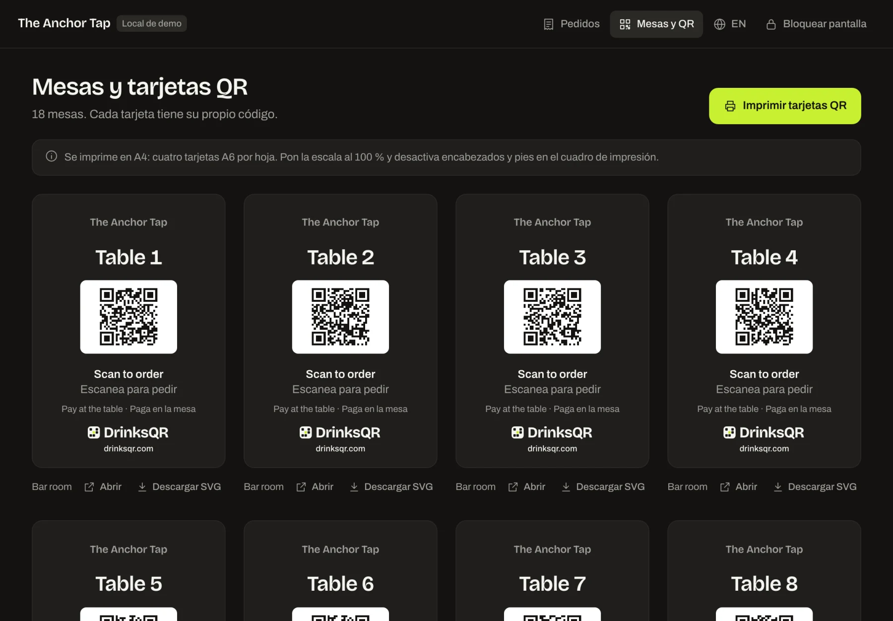 Página de mesas y tarjetas QR con una tarjeta para imprimir por mesa, cada una con el nombre de la mesa, un código QR y DrinksQR